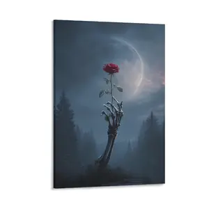 2D flat high-definition canvas wall art—fine detail, frameless look, ready to hang. Dark art poster featuring a skeletal hand holding a red rose. Dark aesthetic canvas print that showcases unique personality and mysterious style. Suitable for teen bedroom