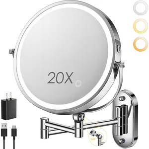9" Wall Mounted Lighted Makeup Mirror,4000mAh Rechargeable Double Sided 1X/20X Magnifying Mirror with Light,Touch Dimmable,Extended Arm 360 Rotation Wall Mounted Makeup Mirror 3 Color Lights