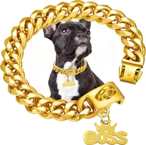 15Mm Wide Gold Dog Chain Collar with Pendant Tag,18K Gold Plated Stainless Steel Walking Metal Cuban Link Chains Collars Strong Chew Proof for Small Medium Dogs(22Inch) AIGMPETBO