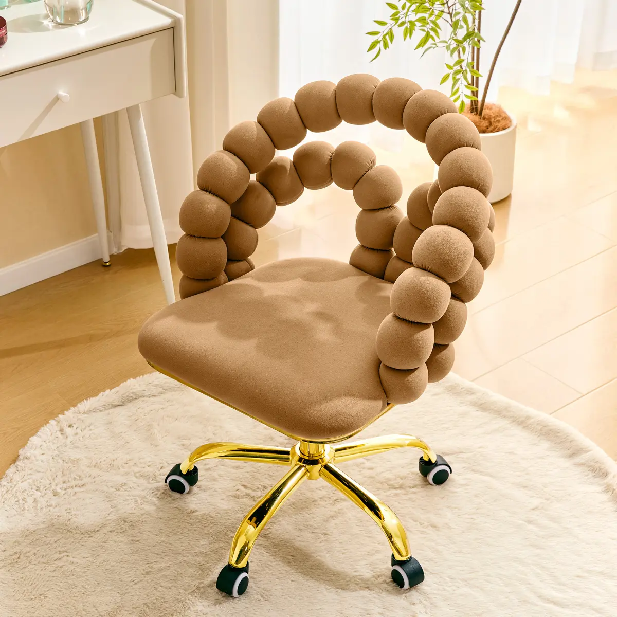 [Bellemave] Velvet Bubble Back Swivel Office Chair, Adjustable Height Cute Vanity Chair with Gold Base & Wheels for Bedroom, Makeup Room