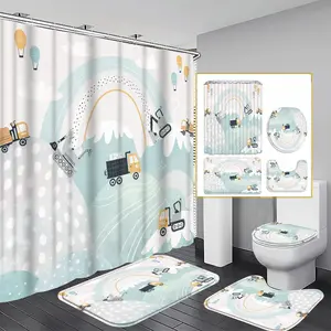 1/3/4PCS Construction Zone Shower Curtain set, Playful Digger and Crane Bathroom Decor, Accessories with Bath Mat, U-shaped Mat, Toilet Lid Cover, 12 Hooks 180x180cm Curtain, Kids Room, Home Decor, bathroom accessories.
