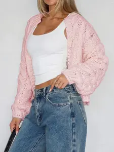 Women's Button-Up Cable Knit Long Sleeve Cardigan Sweater, Short & Loose Fit Cropped Autumn Winter Casual Cute Crochet Chunky Fashion for Everyday Wear, Fall Sweater for Women, Women Knit Outwear Jacket, Winter Sweater for Women