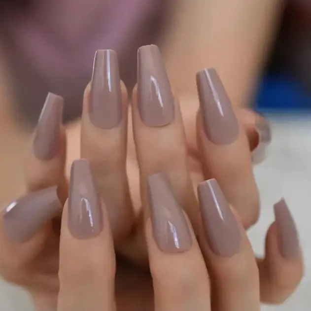 Glossy Light Brown Grey Shiny Long Ballerina Press on Fake Art Nails Tips Coffin Salon False Finger Nails