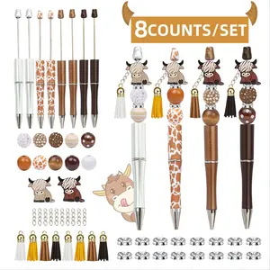 Cute Cow Design Beaded Ballpoint Pen Set, 8 Counts/set DIY Beaded Ballpoint Pen with Tassel, Writing Pen for Office School Student, Ballpoint Pen Kit
