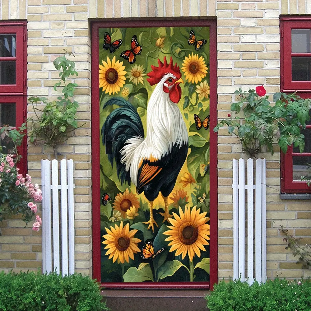 2pcs Colorful Rooster Wall Sticker in Sunflower Field with Butterflies Decorative Decal Self Adhesive Removable Home Living Room Bedroom Entrance Wall Decoration Kids Room Animal Theme Wall Art