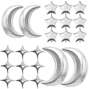 54 Pack Silver Moon and Star Balloons, 36" 28" Moon Foil Balloons 10" Pentagram 18" Star Foil Balloons Four Pointed Star Balloon for Christmas Wedding Birthday Party