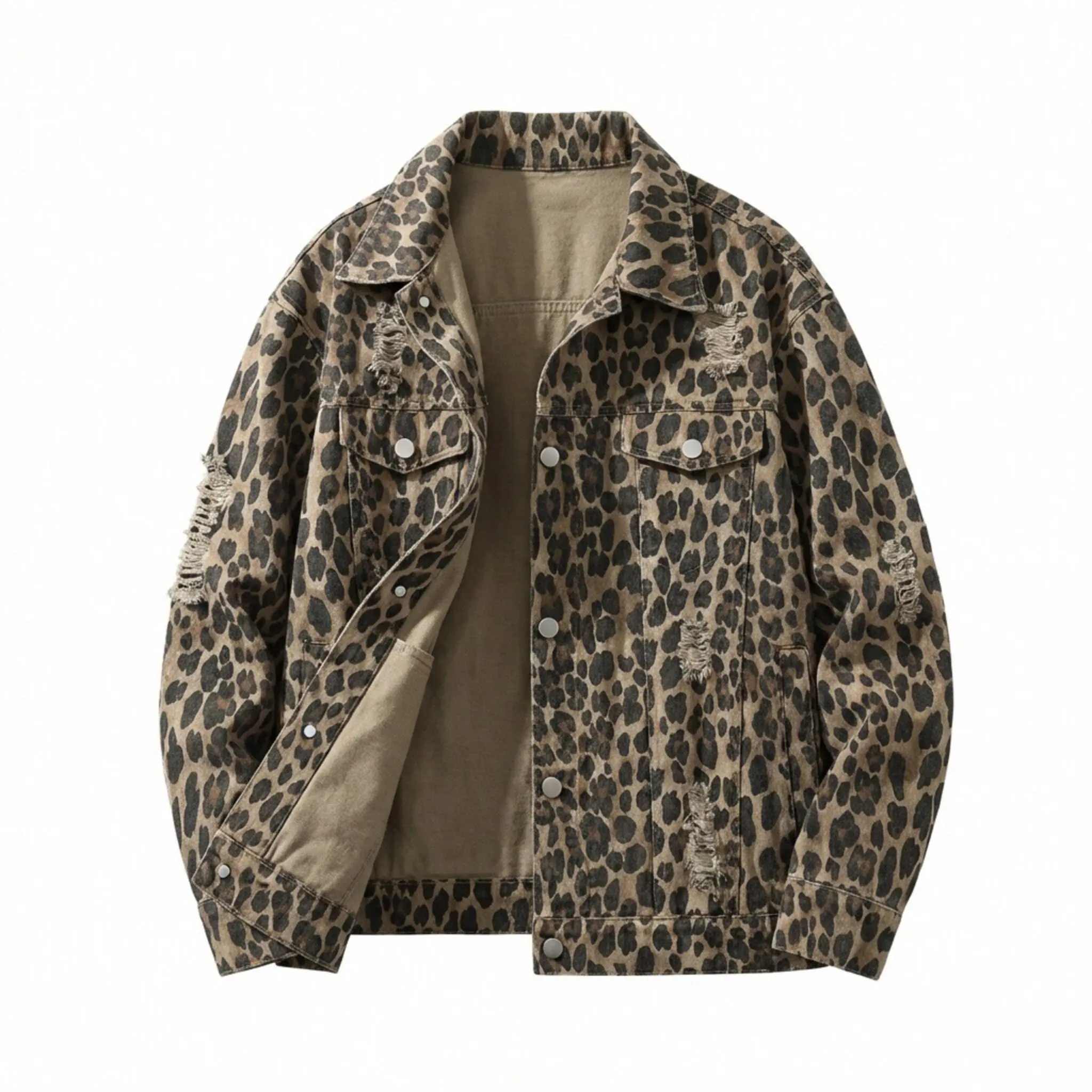 Menswear Leopard Print Ripped Denim Jacket - Unisex Stylish Casual Tops Coats, Niche Ruffian-Handsome Design, Suitable for Spring Wear