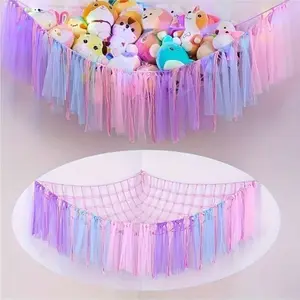 59-Inch Polyester Stuffed Animal Hammock, Adjustable Wall-Mounted Toy Storage Net with Wooden Rings, Kids’ Bedroom Nursery Organizer & Home Decor