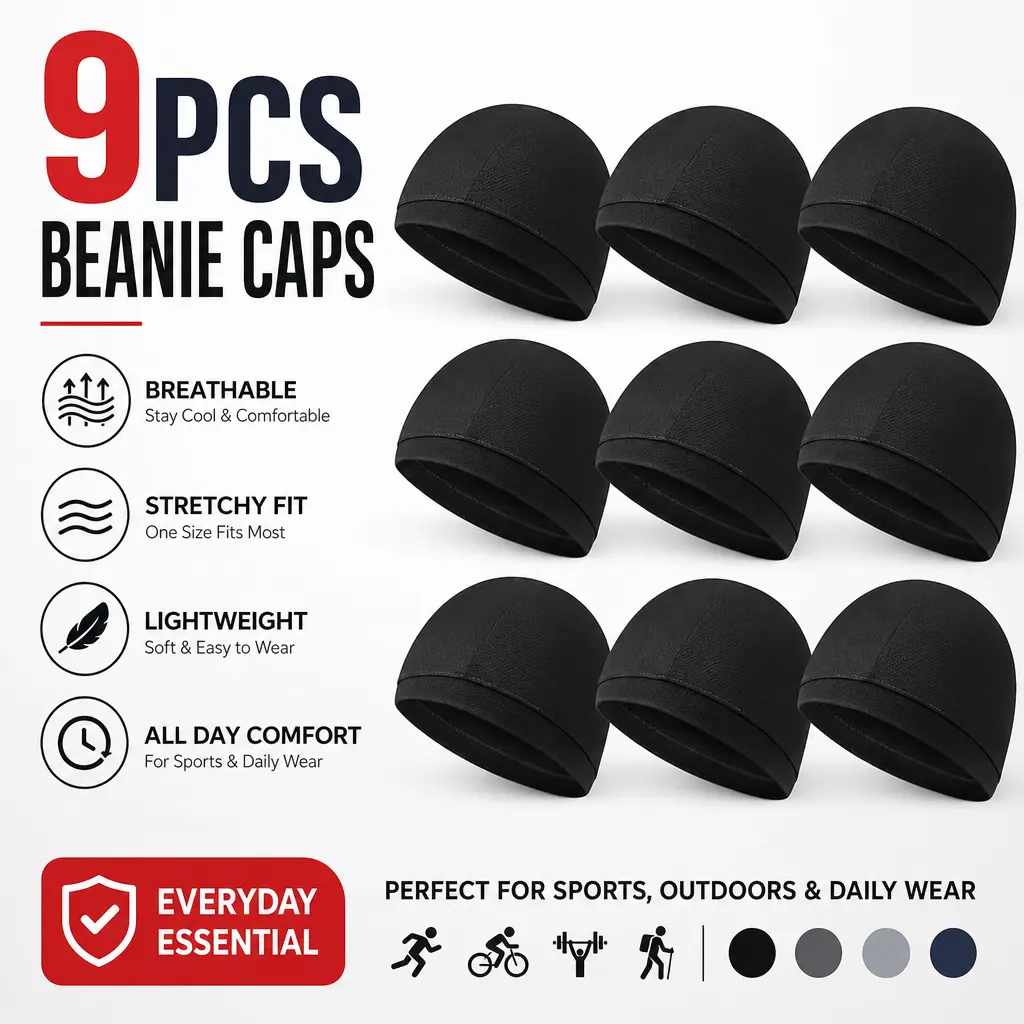 Men's 9-Pack Cooling Skull Cap Helmet Liner Caps - Breathable, Sweat-Wicking, Lightweight Polyester Fits Camouflage Beanies for Biking, Motorcycle Sports, Party Bag Gifts, Unisex Fit