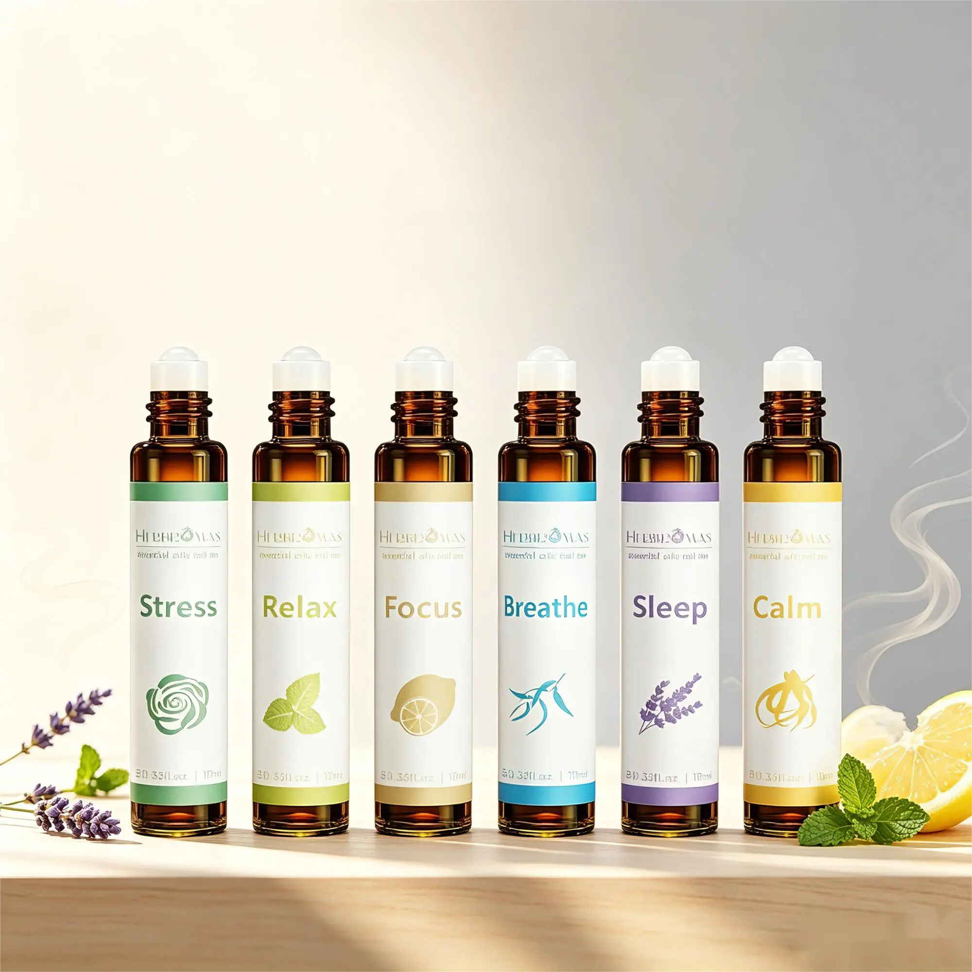 HERBROMAS Natural Plant-Based Essential Oil Rolling Set, 6-Pack Pre-Diluted Aromatherapy Blends (Lavender Mix Included) for Wellness, Portable Soothing Perfume Oil for On-the-Go Self-Care