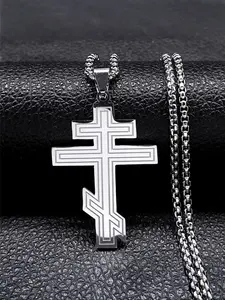 Russian Orthodox Cross Pendant Necklace, Stainless Steel Christian Bible Chain Jewelry, Dainty Cross Necklace, Unisex Religious Faith Gift for Daily & Special Occasions