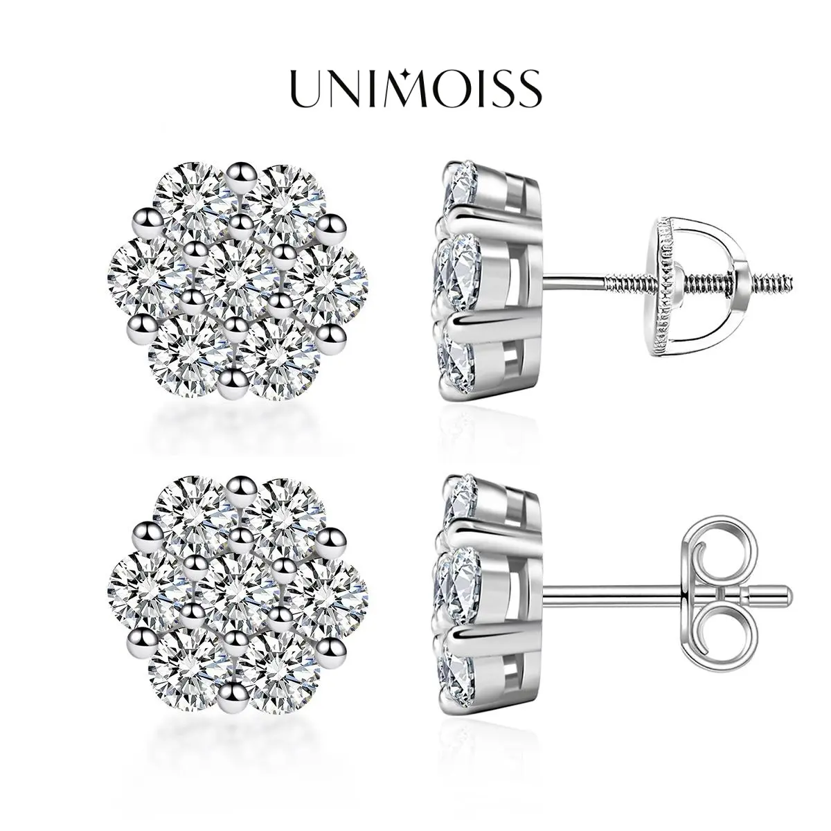 UniMoiss Flower Stud Earrings Screw Back/Butterfly Back VVS Moissanite Earrings Daily Costume Jewelry Accessories Perfect Birthday Anniversary Gift for Women