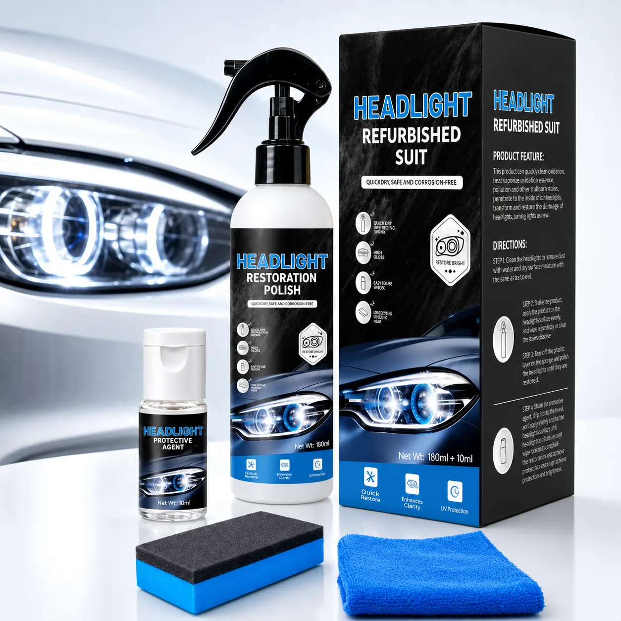 TIREVO Automotive Headlight Restoration Fluid - Car Detailing Polish for Oxidized, Yellowed, Blurred Headlights, Restores Clarity with Enhanced Crystalline Coating Refurbishing Function