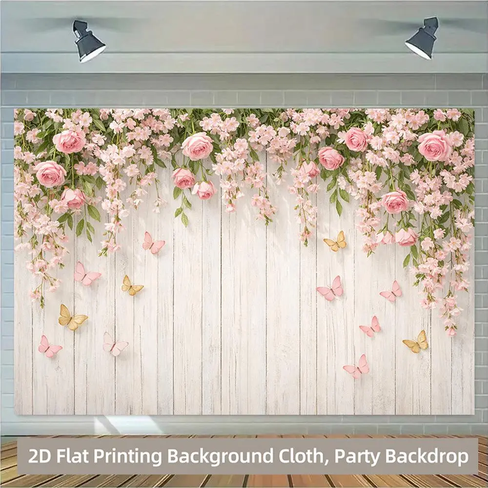 1-Piece Flower Butterflies Fluttering Theme Polyester Backdrop Banner, Soft Durable Cloth with 2D Flat Printing, Photo Booth Photography Background for Multi-Size Indoor/Outdoor Party Celebrations, One-Piece