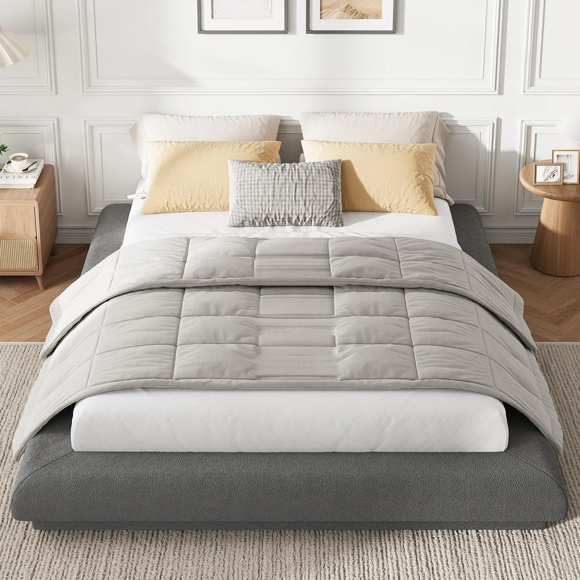 Queen Size No‑Headboard Cloud Platform Bed Frame, Dark Grey Lamb‑Wool Upholstered Floating Bed, Reinforced Steel Slat Support 990 LBS Capacity Noise‑Free, No Box Spring Required, Vacuum‑Packed Single‑Box Shipment