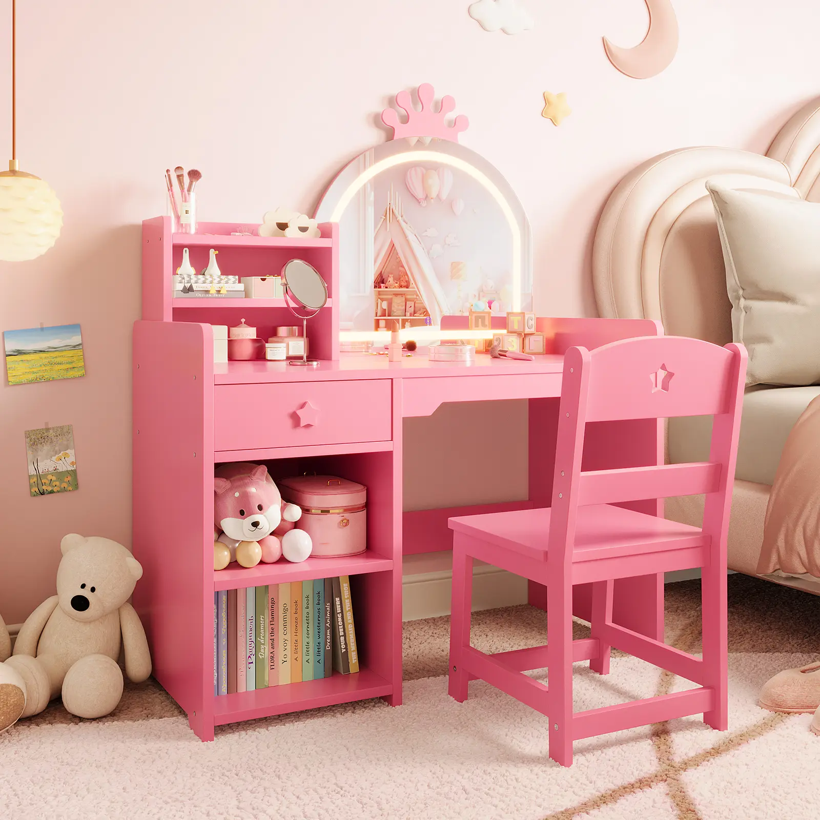 LED Lighted Mirror Kids Vanity Set with Chair – Wooden Princess Makeup Desk, Bookshelf, Drawer, Open Storage Shelves – Child Safe, Easy to Clean – Perfect for Girls and Toddlers – Purple