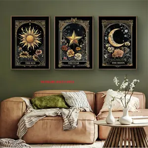 [2D Flat] 3 pieces/sets of wall art decorative paintings, including patterns of the sun, stars and moon, retro constellation style wall art posters, suitable for bedroom and living room decoration, frameless, Sun Moon Print
