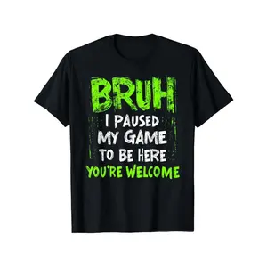 Funny Gaming T-Shirt - "Bruh I Paused My Game" Bold Text - Black with Green Lettering - Soft Breathable Cotton Tee for Gamers, Teens, Adults - Casual, Parties, eSports - Regular Fit Round Neck Shirt - Perfect Gift for Video Game Lovers, Party Outfit, Humo