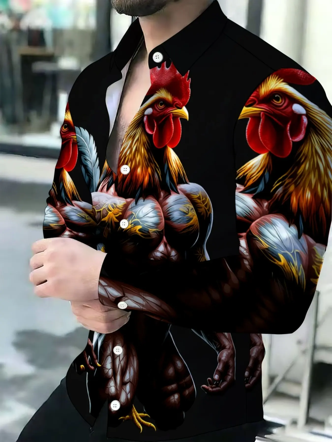 Men's summer long sleeve shirt fashion casual muscular rooster print button up shirt Aesthetic Shirt