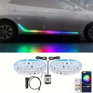 1Set RGB LED Car Ambient Welcome Door Skirt Lights 150CM 59inch App Remote Auto Sill Panel Neon Flexible Streamer Flowing Strip Decorative Lamp