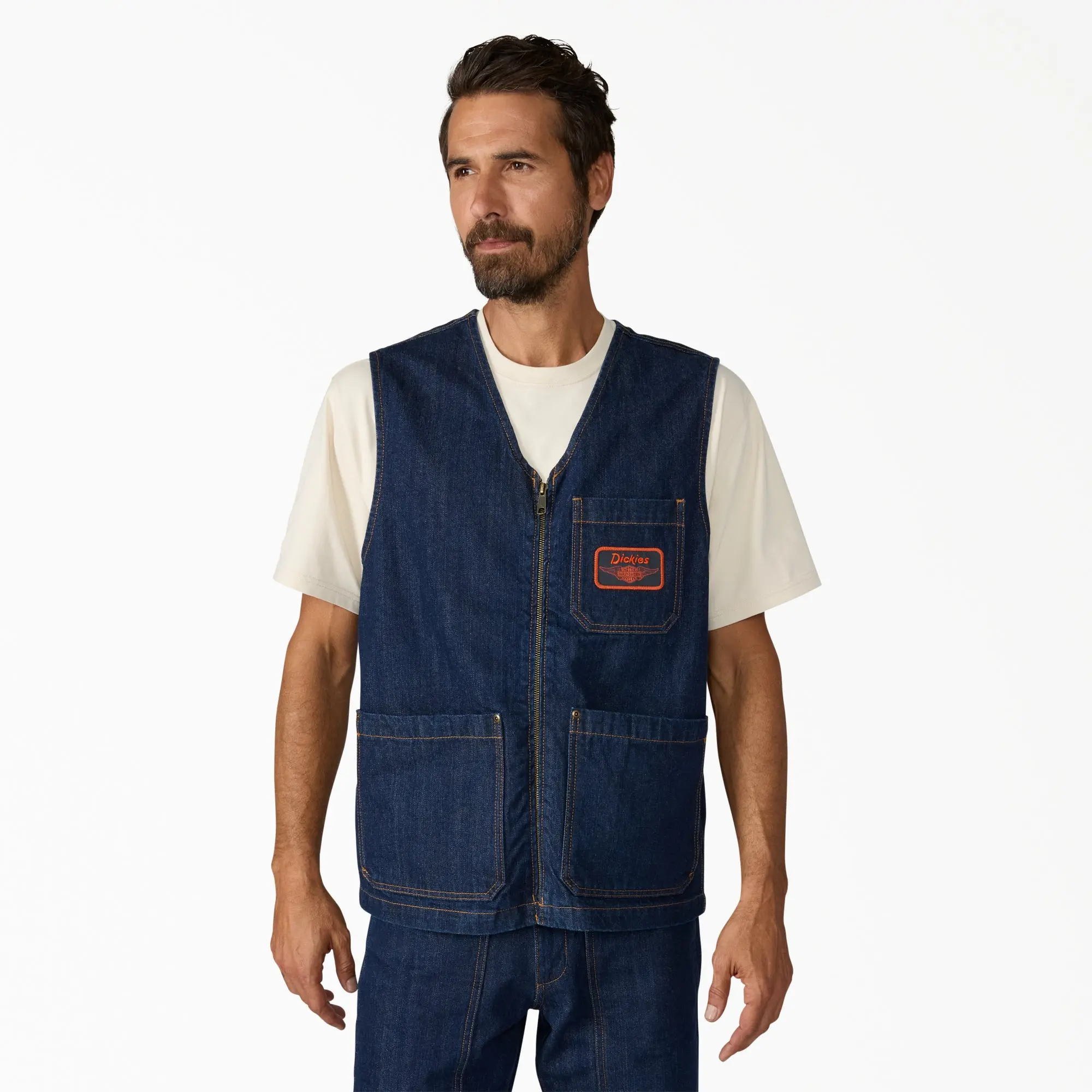 Dickies x Harley-Davidson® Denim Zip-Up Vest,Regular Fit Embroidered Logo, Workwear Style Classic Cotton
