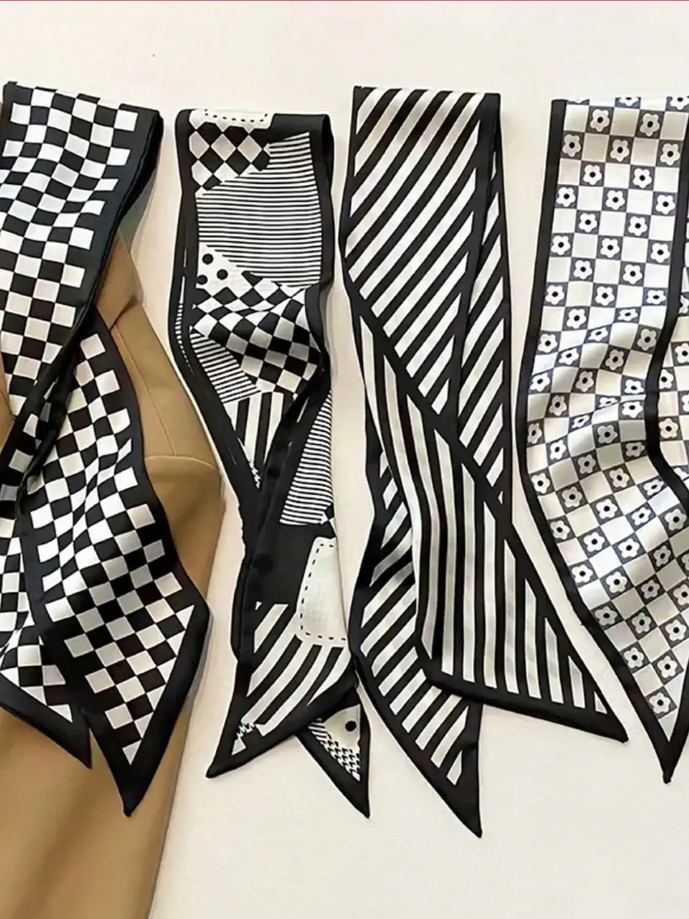 4pcs Set Black & White Silk Scarf, Checkered Scarf, Casual Soft Scarf, Floral Pattern Headband, Versatile For Daily Life, Vacation, Autumn/Winter Headwear, Women Headscarf, Soft Headband, Hair Accessories