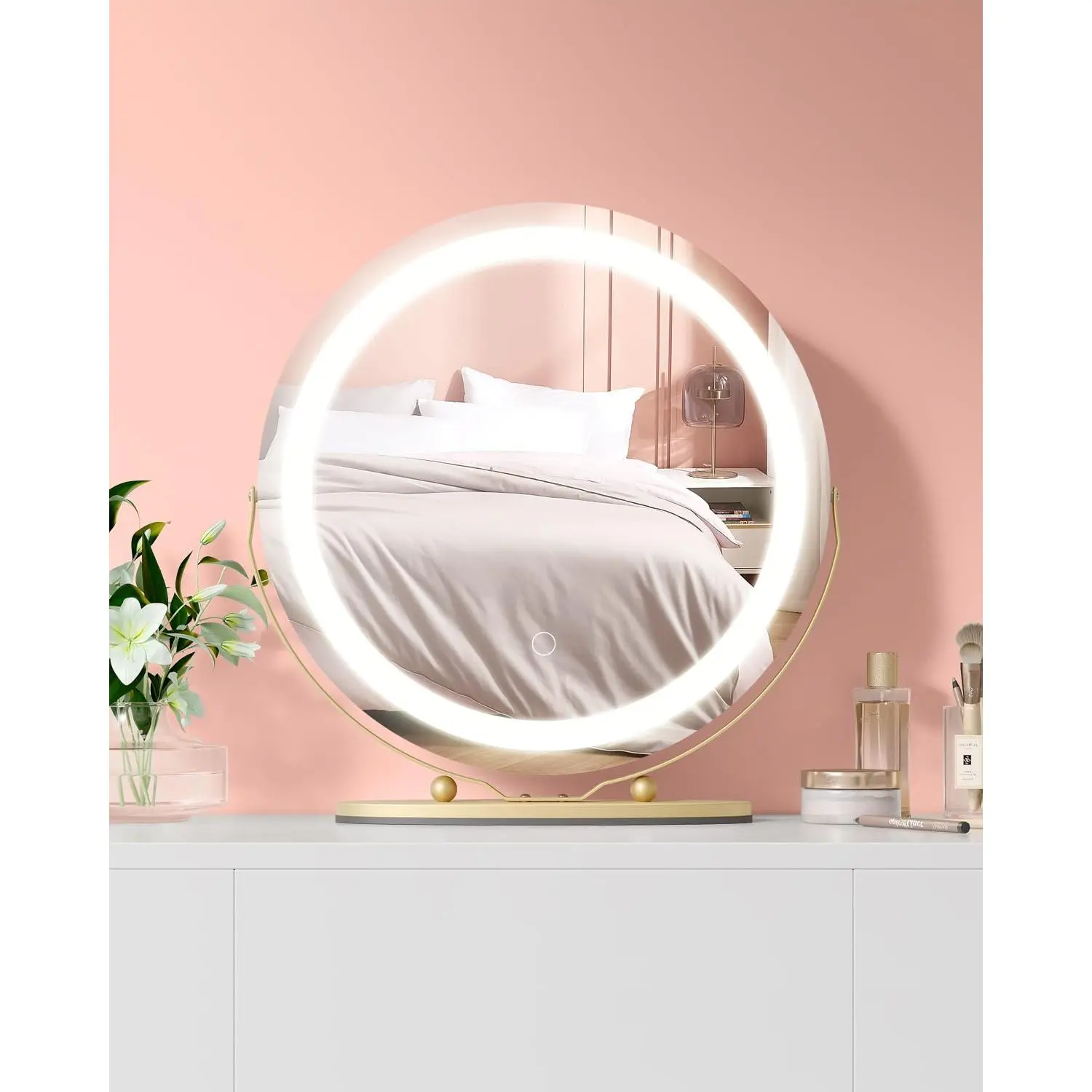 【GARVEE】19 Inch Vanity Mirror with LED Lights, HD Makeup Mirror, 360°Rotation, Bedroom Tabletop, Easy Install (White) - Gold