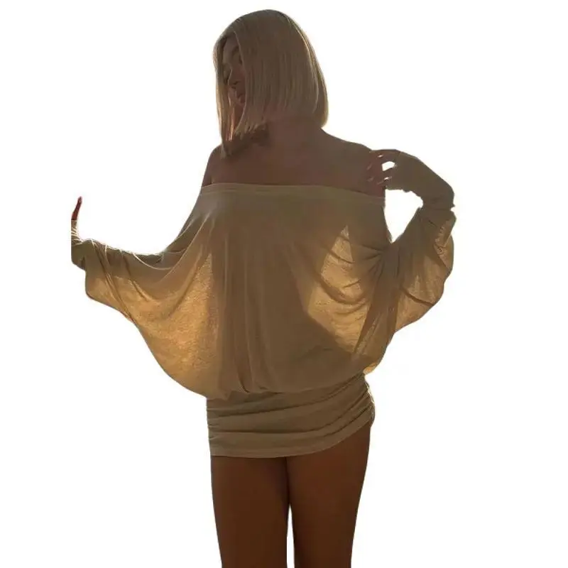 Apricot Loose Fit Sheer Batwing Off The Shoulder Long Sleeve Mini Ruched Oversized Casual Streetwear Women's Summer Basic Minimalist Strapless Dress