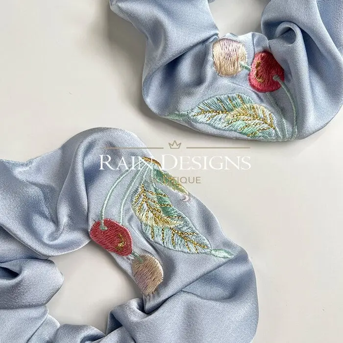 Cherry Pattern Embroidered Scrunchies, handmade silk embroidery hair tie