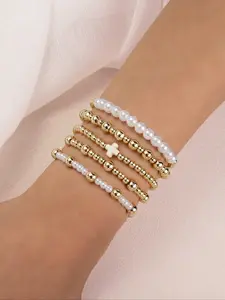 5Pcs/Set Bohemia Golden Beaded Bracelets, For Women Faux Pearl Stackable Stretch Bead Ball Bracelet Cross Set Gifts For Women Teen Girls Valentine's Day Gifts Bangles Bracelets Set