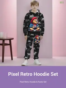 Boys' Gaming Water Pig Game over Hoodie Set, Hooded Design, Pixel Retro Style Sweatshirt & Pants Two-Piece, Casual Slim-Fitting Spring & Fall