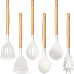 Silicone Kitchen Utensils Set, 6 Counts/set Wooden Handle Cooking Utensils Set, Heatproof Kitchen Tools for Non-stick Cookware