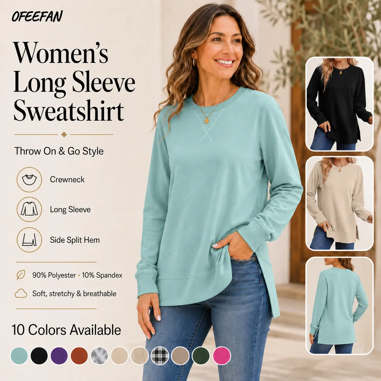 OFEEFAN Women’s Long Sleeve Sweatshirt Crewneck Pullover Tops Soft Stretchy Lightweight Side Split Hem Casual Loose Fit Tunic Shirts for Fall Outfits