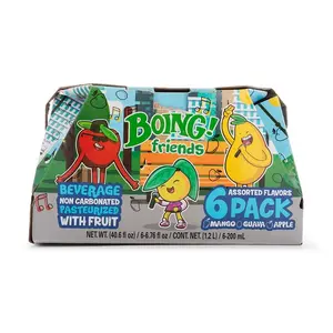 Boing Juice Assorted 6 Pack Mango Guava Apple Flavor Non Carbonated Pasteurized with Fruit Beverage
