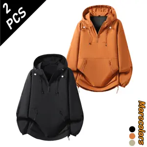 Spring/Summer two-piece men’s casual hooded half-zip jacket set, outdoor style with a loose drop-shoulder fit, suitable for travel, camping, commuting, and versatile styling for various occasions.
