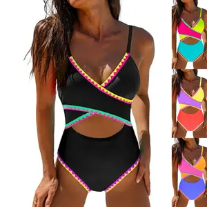 Women's bathing suit top no pads youswim the floss bikini sour stripe bikini summer floss bikini beach diving surfing contrasting cross serrated cutout one-piece swimsuit women's geometric edge slim skinny beach swimsuit