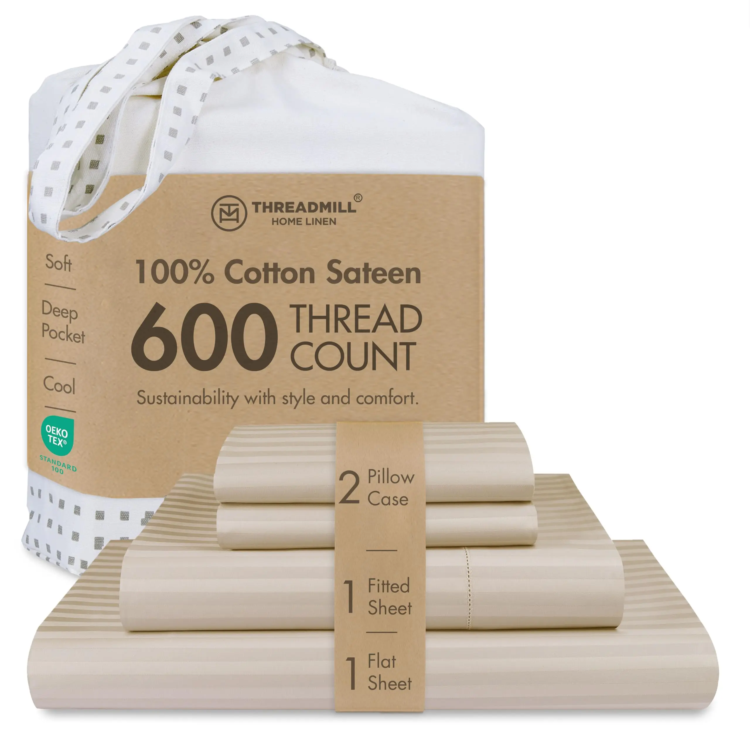 Threadmill Home Linen 100% Cotton Full Sheet Set - 600 Thread Count 4-Piece Bedding Sets, 16" Deep Pockets, Jacquard Sateen Weave, Cooling Effect