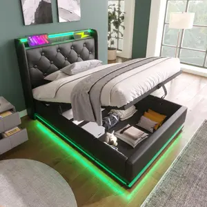 Twin Size Black Upholstered Bed, 360 Surround LED Function, Buttons/Apps/Remote Control, Hydraulic Storage Bed with USB Type-C Charging, PU (Without Mattress) (Black Twin) Led Bedframe Led Lit Headboard
