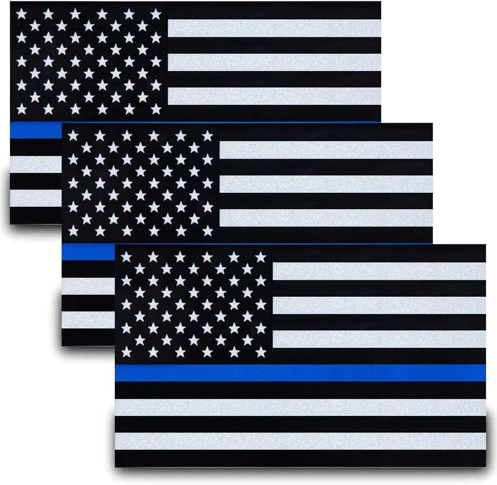 3 Pack Besby Reflective Thin Blue Line American Flag Decals, 5×3 Inch Waterproof Vinyl Stickers, Patriotic Car Bumper Stickers to Show Support for USA Law Enforcement & Police Officers