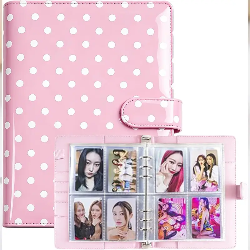 Kpop Polka Dot Trading Card Collector Album with Cover - PU Leather 6-Ring Binder, 30 4-Pocket Pages, 240 Card Slots, Magnetic Buckle Closure for Home Organization