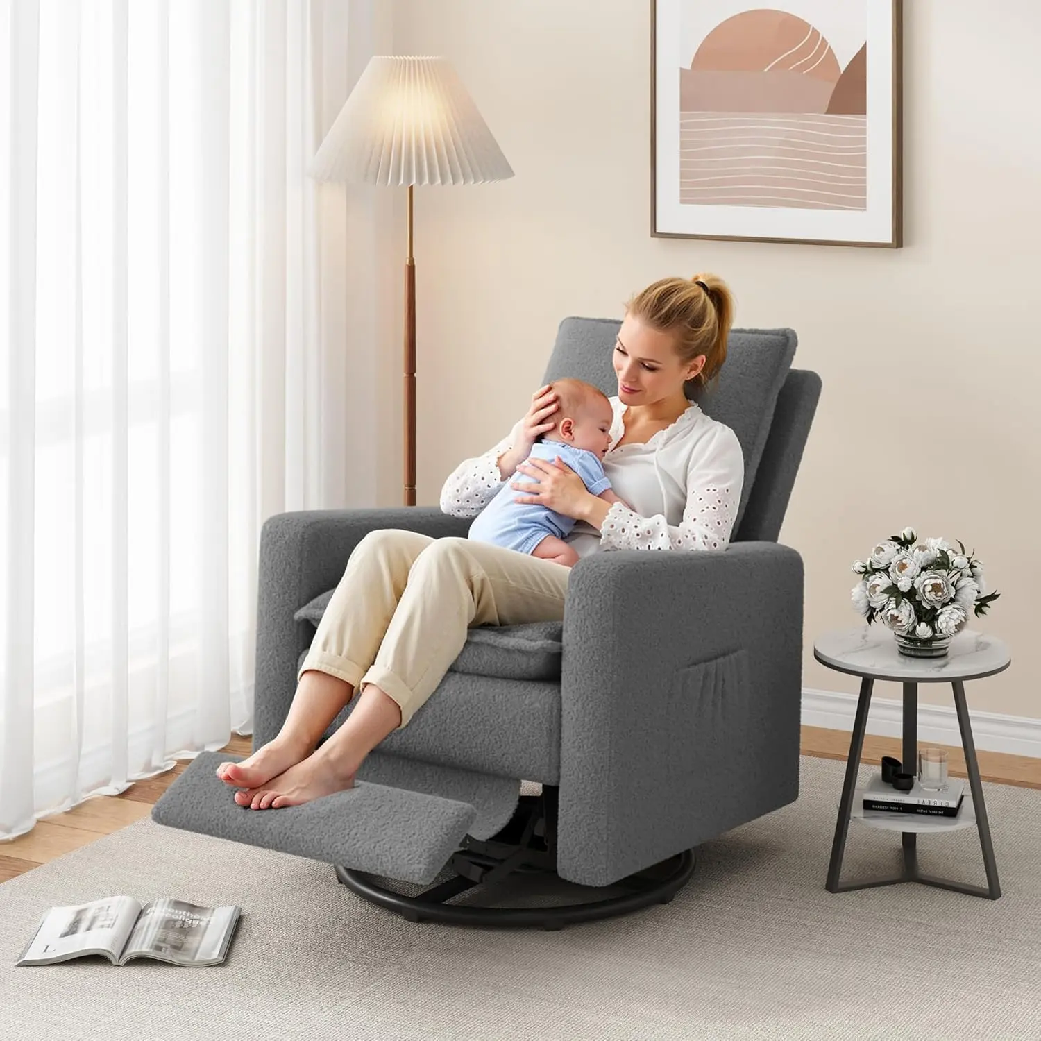 UDPATIO Teddy Swivel Glider Recliner - Adjustable Reclining Ergonomic Polyester Modern Fabric Chair with Side Pockets, Footrest - Nursery Rocking Chair for Living Room, Bedroom, Ergonomic Recliners