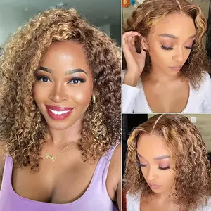 #4/27 Highlight Curly BOB Wig Human Hair 13x4 HD Lace Front Wigs Pre Plucked  Wave Human Hair Colored Wigs Human Hair Bob Wig for Black Women 180 Density wigs (Brown, 14inch)