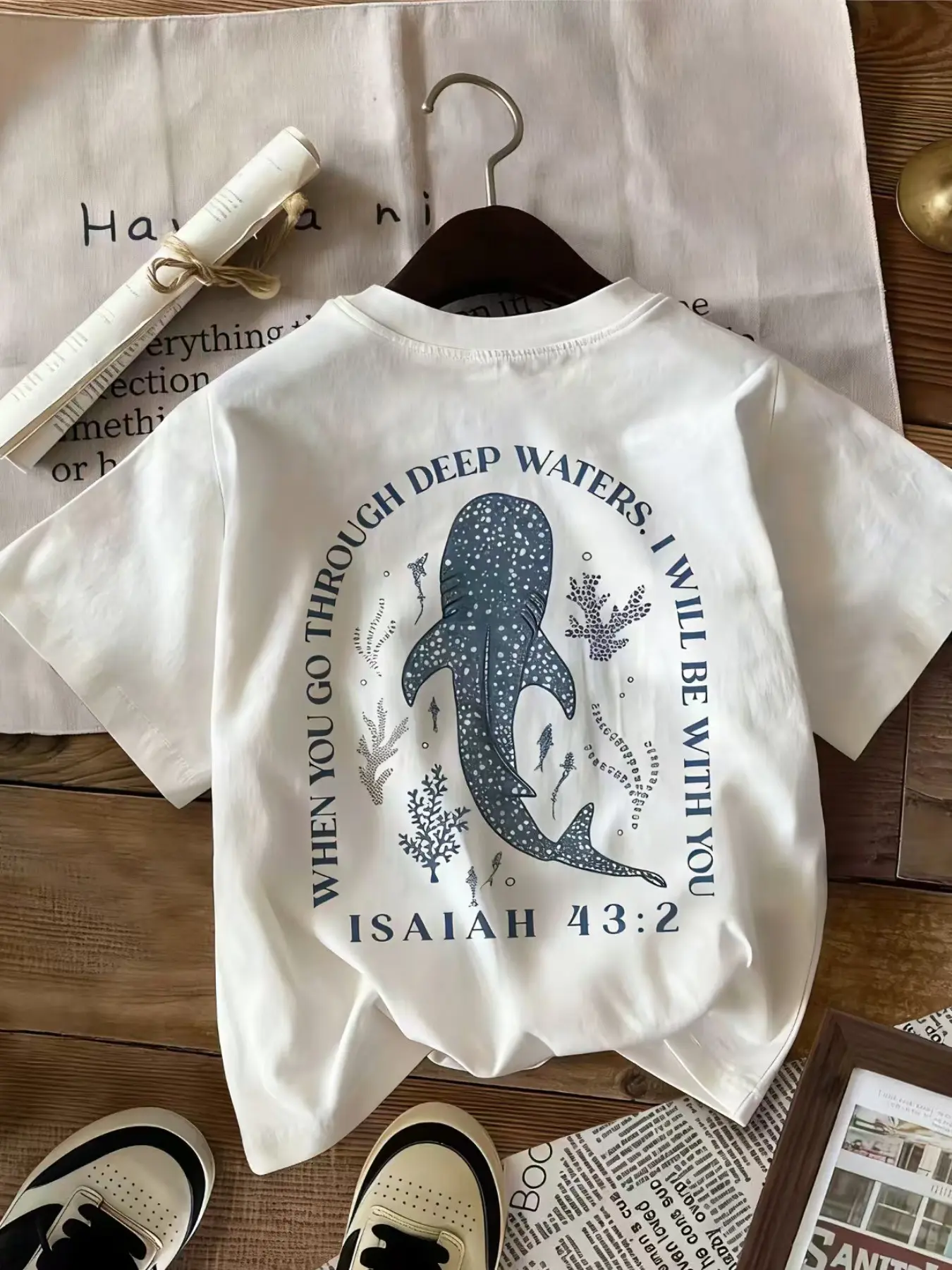 Trending Whale Shark Isaiah 43:2 Graphic Print Oversized Round Neck T-Shirt for Men Women, Christian Ocean Style Casual Streetwear Tee, Comfortable Loose Fit Short Sleeve Top Ideal for Beach, Vacation, Church & Daily Outfit, TikTok Viral Faith Fashion