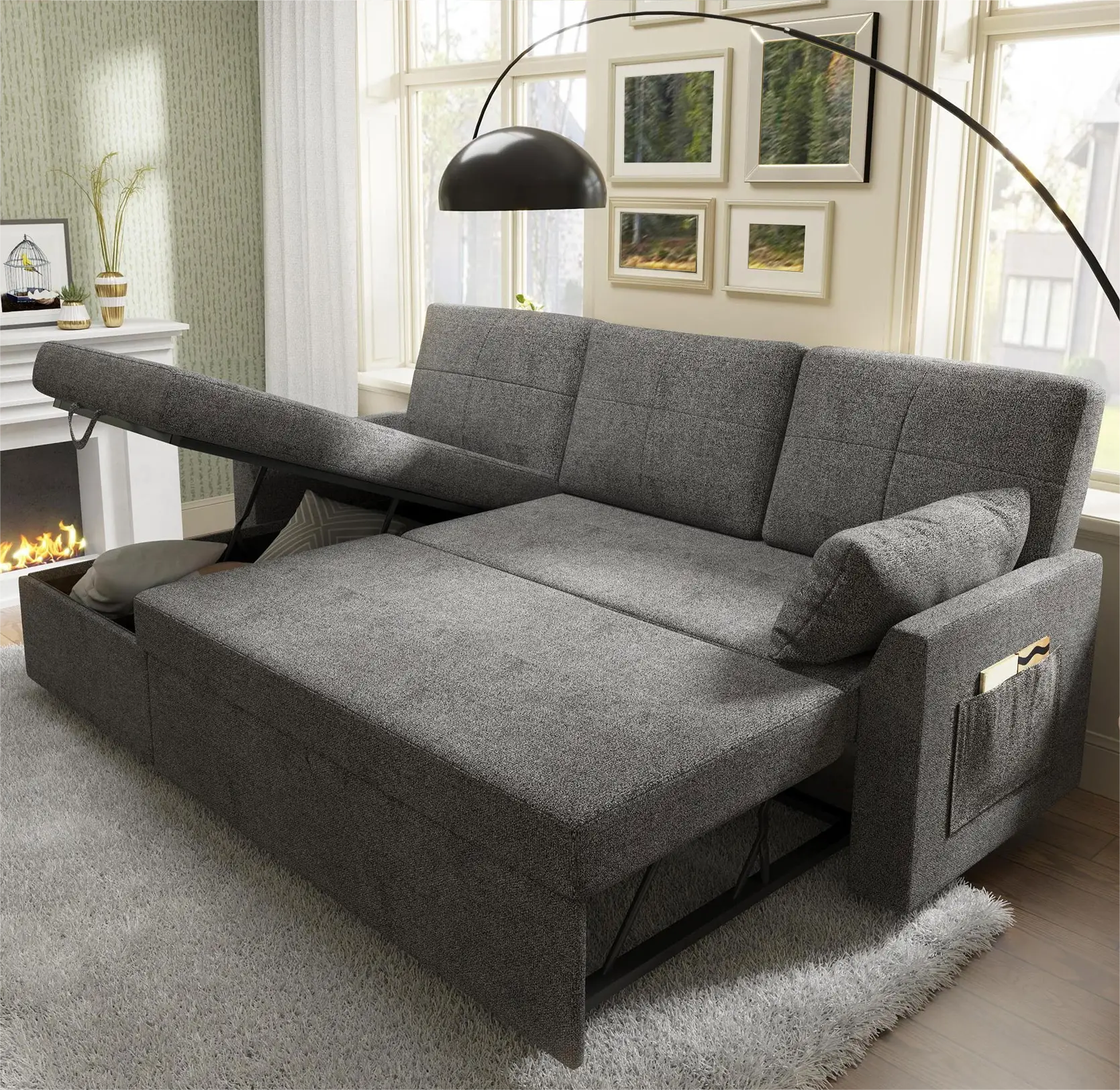 VanAcc Sofa Bed, Sleeper Sofa- 2 in 1 Pull Out Sofa Bed with Storage Chaise, Couch Bed, Comfy Upholstered Daybed for Living Room, Lounge