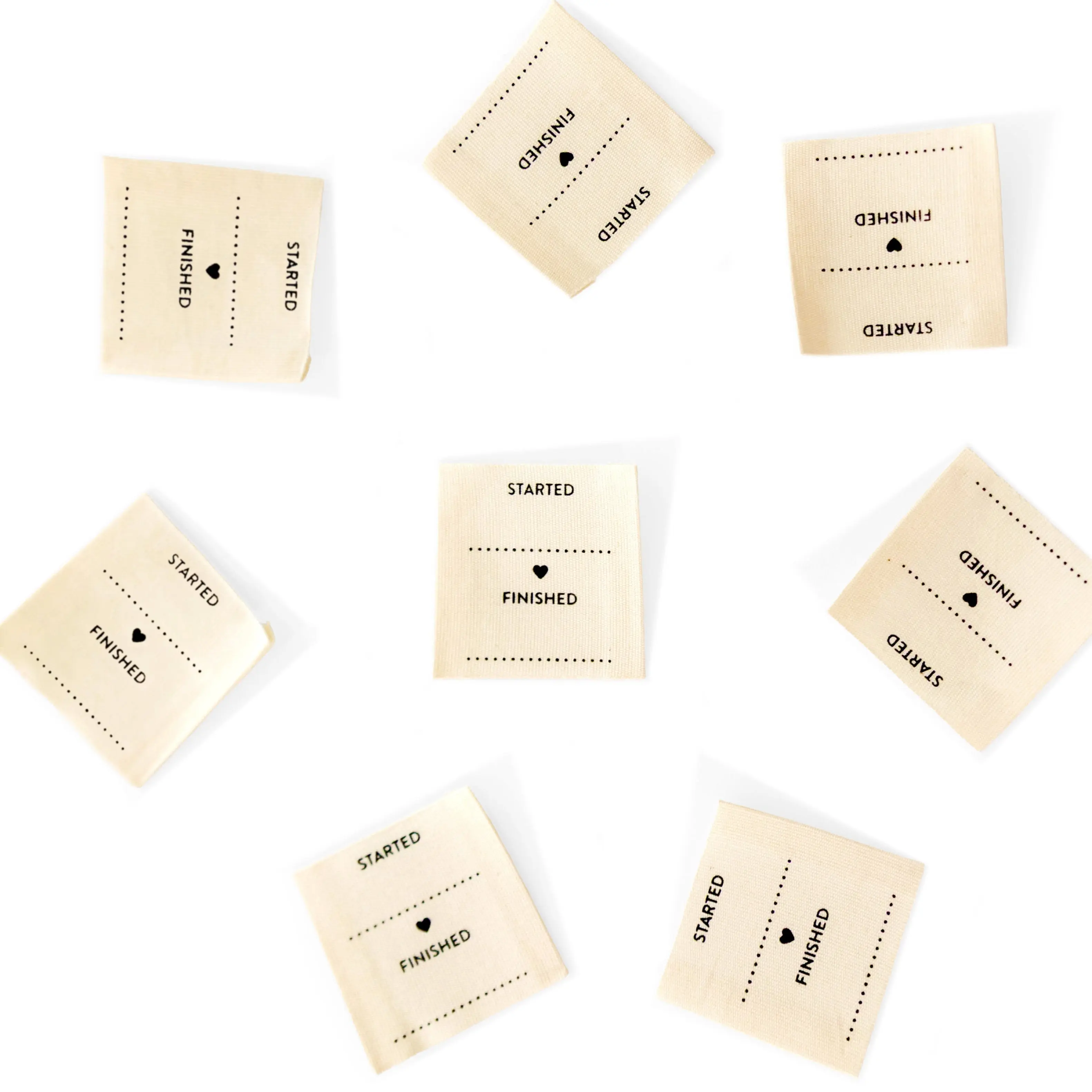 Started and Finished Write in Fabric Labels - Sarah Hearts Quilt Labels #105