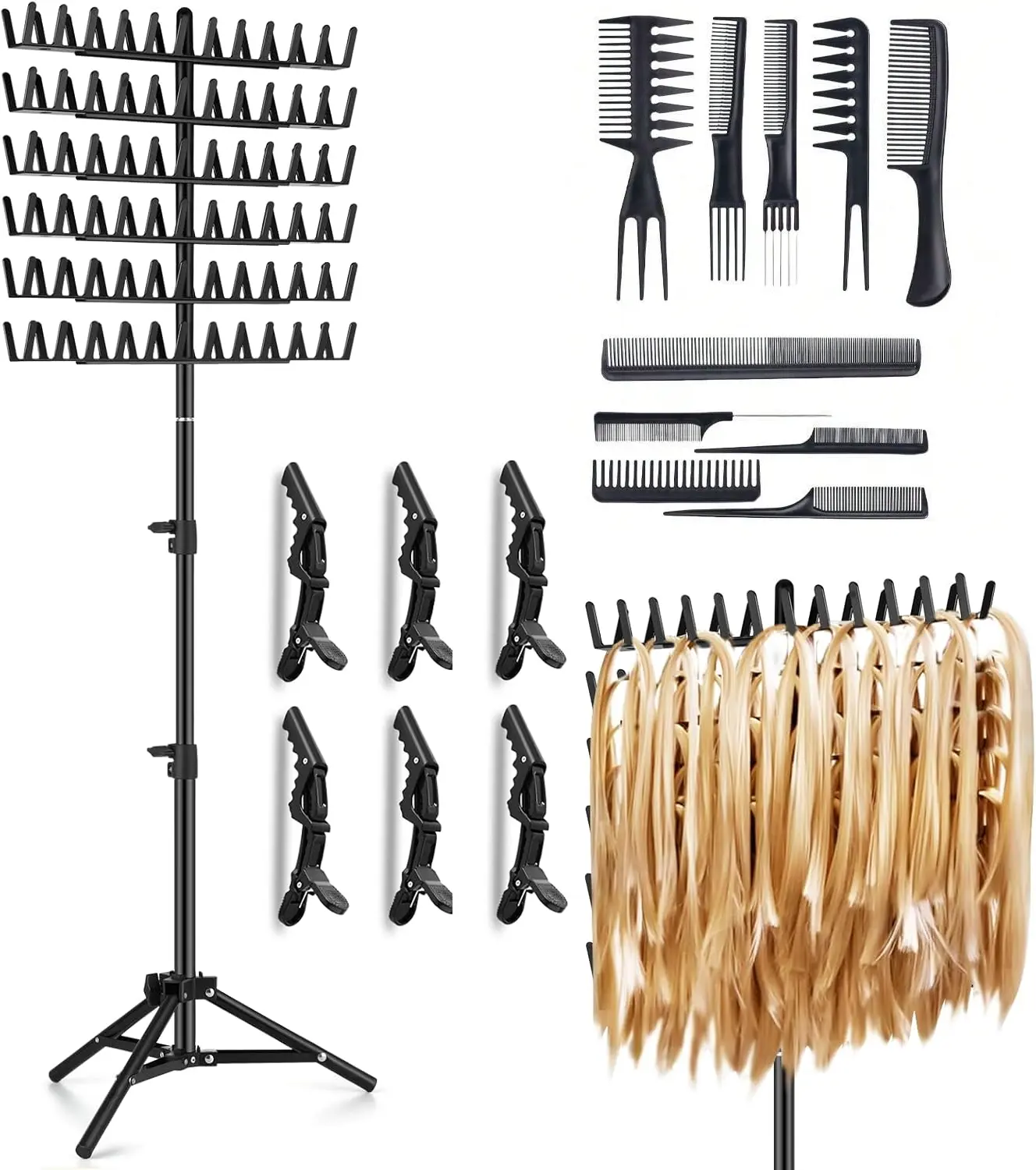 Braiding Hair Rack Height Adjustable 144 Pegs Braiding Rack Hair Extension Holder with Hair Braiding Tools Hair Divider Rack for Braiding Hair Separator Stand (black)