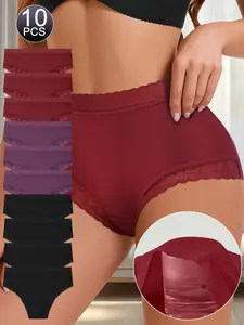 QUASTI 10 Pcs High Waist Elastic Sexy Lace Briefs, Lace Lifted Buttocks & Belly Cinching Women's Panties, Fashionable & Breathable Lightweight Underwear, S-XXL