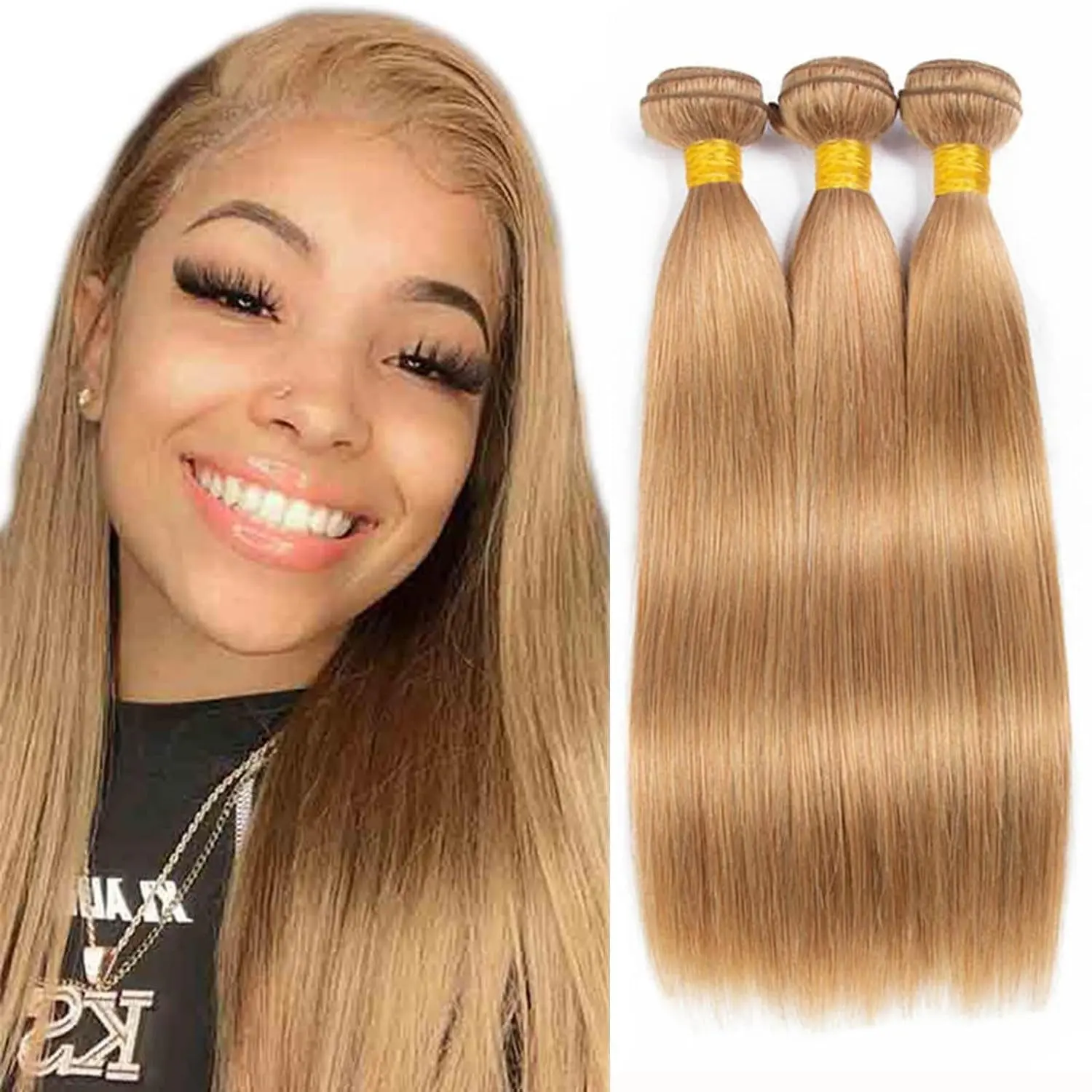Unprocessed Brazilian Virgin Hair Bundles, 27# Straight Brown Natural Color, Machine Double Weft, Minimal Shedding, Multiple Lengths, Quick Weave Extensions with Natural Look