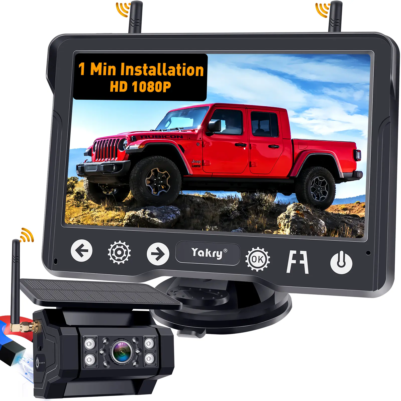 Magnetic Solar Wireless Monitor+Camera System with Lens - 1-Min Tool-Free Vent/ABS Installation, 1080P HD, 5" Monitor, Solar Charging, Night Vision, Waterproof, Windshield-Mount, 36ft Parking Range, for Truck, Bus, ATV Driving Safety,toolupgrade