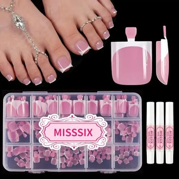 Misssix French Tip Press on Toe Nails, 150pcs French Square Toe Nail Tips, Soft Gel False Toenail, Acrylic Fake Toe Nails with Nail Glue for Women Nail Art DIY 15 Sizes